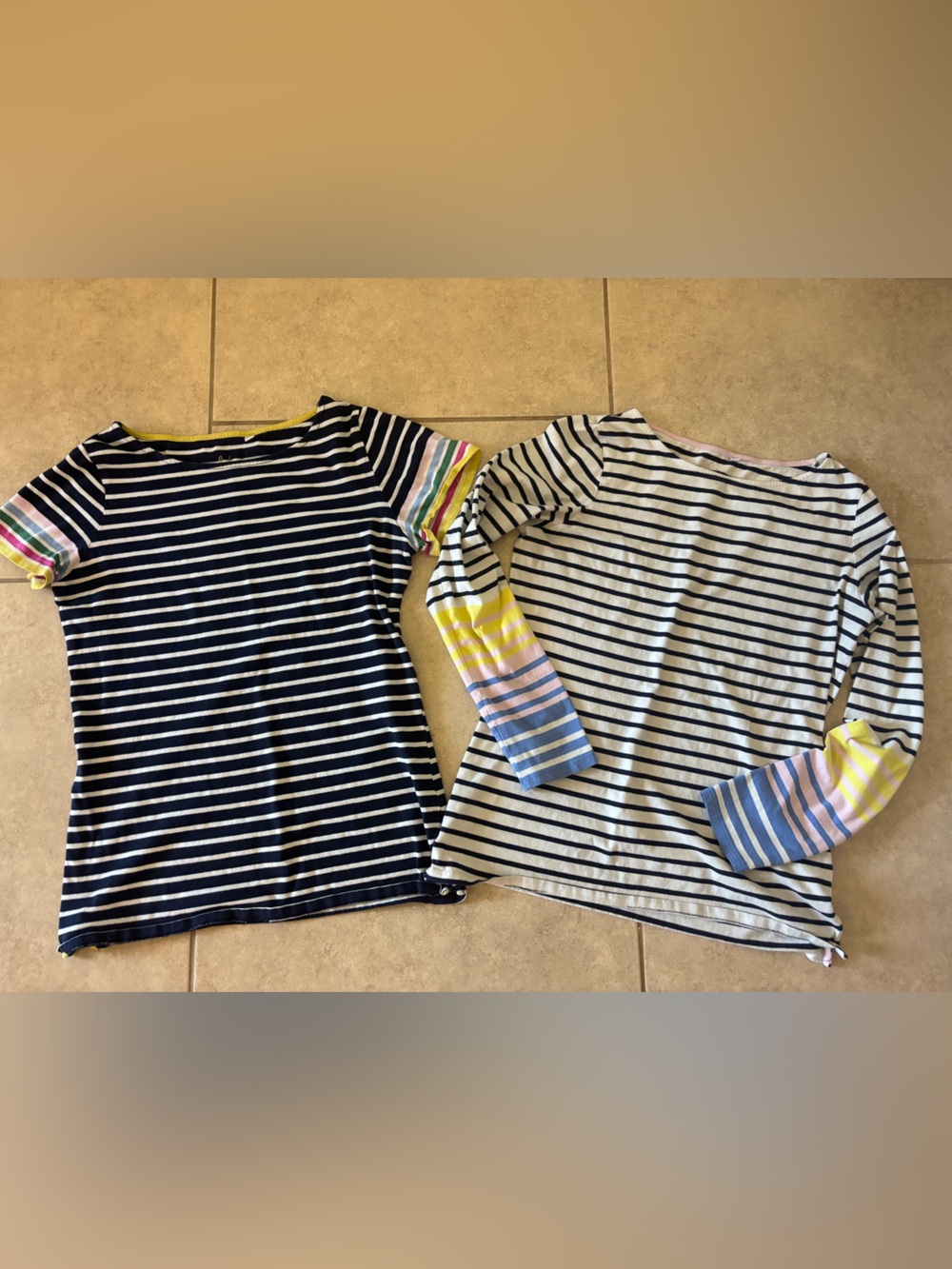 Boden Navy & White Striped Long Sleeve Tops with Rainbow Cuff Accents